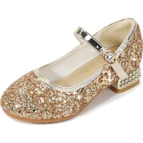2021New Girls Fashion Stage High Heels Dance Performance Shoe Children Silver Princess Sequins Wedding Shoes