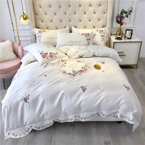 Four Seasons White Pink 100S Egyptian Cotton Flowers Embroidery Girl Bedding Set Duvet Cover Bed Sheet Pillowcases Home Textiles