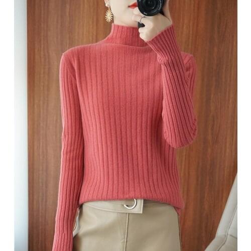 Pullover ladies spring and autumn new high-neck 100% wool knit sweater pure color slim slimming all-match short base sweater