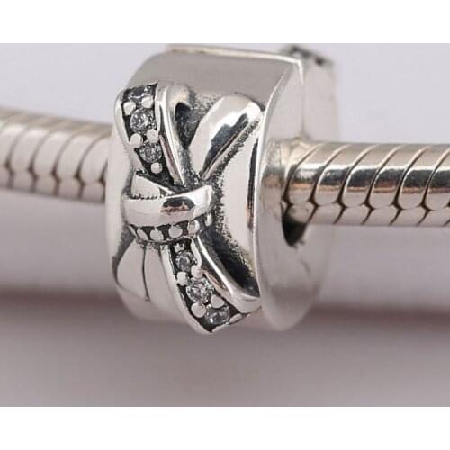 S925 Silver Bead DIY Jewelry Shiny Bow Clips Charm Stoppers fit Lady Bracelet Bangle Multi-Colored Crystals CZ