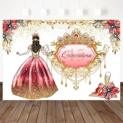 Happy 15th Birthday Backdrop Pink Glitter Quinceañera Girl Adult Ceremony Photography Background High Heel Flowers Decoration