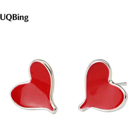 100% 925 Sterling Silver Jewelry Lucite Red Heart Stud Earrings Pure 925 Silver Earrings Brincos Pendientes de plata