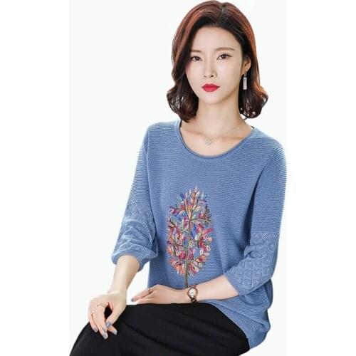 Blue Knitted O-Neck Tops women Autumn new fashion Large size Pullovers Sweater Casual Embroidery Thin Sweaters Womens