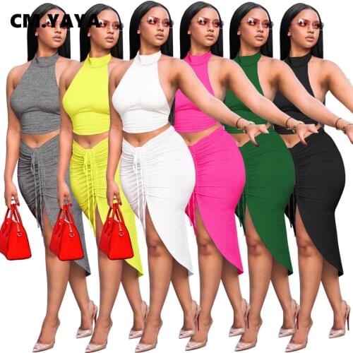 CM.YAYA Active Sweatsuit Womens Set Crop Tops and Ruched High Slit Skirts Matching Set Tracksuit Two Piece Set Fitness Outfit