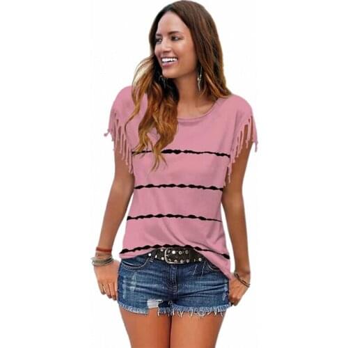 Womens Top Summer Tassel Short Sleeve T-Shirt Casual Stripe Printing Loose Casual O-Neck Tunic Tee Plus Size Women Clothing