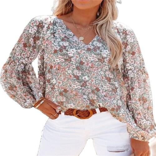 2021 Hot-Selling New Autumn And Winter Womens v-Neck Chiffon Blouse Womens Lantern Sleeves T Blood Floral Chiffon Shirt