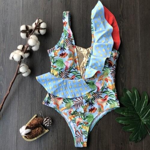 2021 Bathing Suit Women One Piece Swimsuit Sexy Monokini Swimming String Ruffle Swimwear Print Beachwear Floral V Neck Trikini