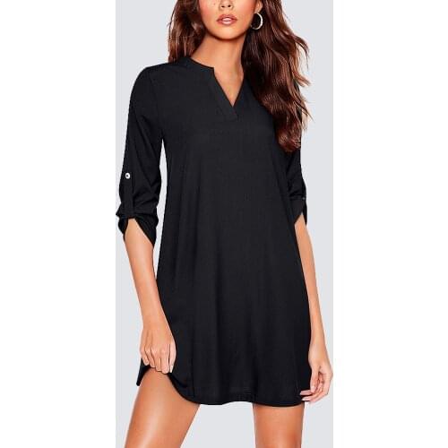 Women Sexy Loose Casual Solid Color V Neck Flowy Swing Mini Shirt Dress 1HA179