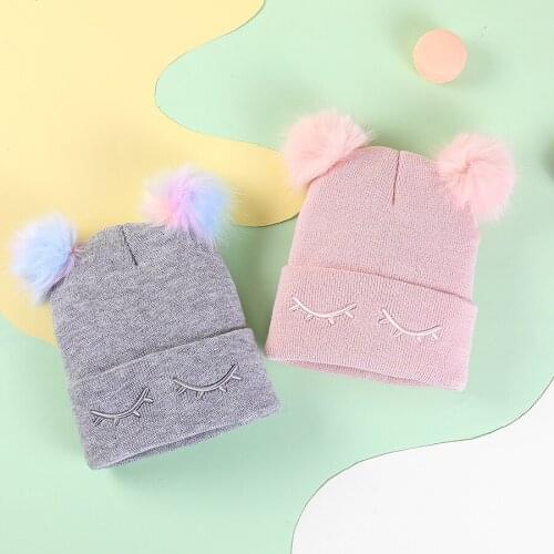 2020 Winter New Girl Unicorn Cap Double Fur ball Hats Kids Girls Boy Soft Warm Fur Bobble Knitted Beanies Hats