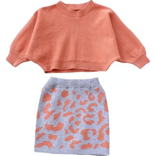 Kids Girls Clothing Sets Autumn Long Bat Sleeve Sweater+Leopard Knitted Skirt 2pc Fashion Girls Party Set 2-10Yrs Girls Clothes