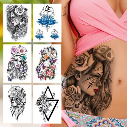 Large Sexy Lady Compass Temporary Tattoos For Women Girls Geometry Fake Flower Tattoo Sticker Lotus Wolf Fox Tatoos Makeup Tools