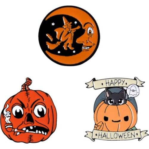 Wonderful Little Witch Of The Moon Punk Angry Pumpkin Cat Happy Halloween Brooches Holiday Gift Clothes Accessories Badges Pins