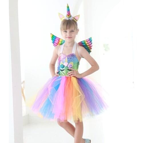 Sequin Unicorn Kids Dresses for Girls Children Cosplay Costume Baby Girl Clothes Set with Headband and Wing Flower Girls Dresses