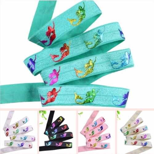 5/8" holographic rainbow laser foil mermaid FOE fold over elastic welcome custom printed