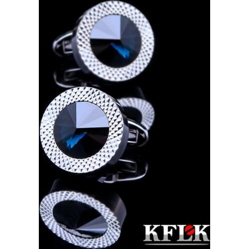 KFLK Jewelry Round French shirt cufflink for mens Brand Blue Crystal Cuff link Luxury Wedding Button High Quality guests