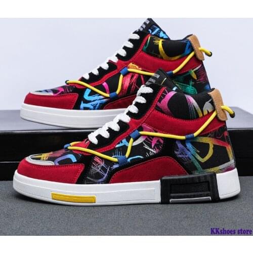 Fashion Rainbow Printed Mens Sports Shoes High top Ankle Support Men Sneakers Skateboard Red Non-slip Men Skate Shoes Trainers