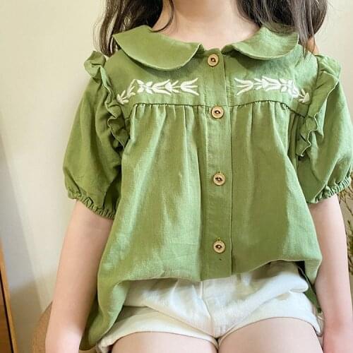 Summer cute embroidery green short sleeve shirts for girls loose doll collar thin cotton Tops