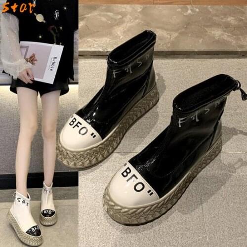 Ladies Martin Boots Patent Leather Ankle Boots Color Block Zipper Platform Trifle Martin Boots Motorcycle Boots Short Boots