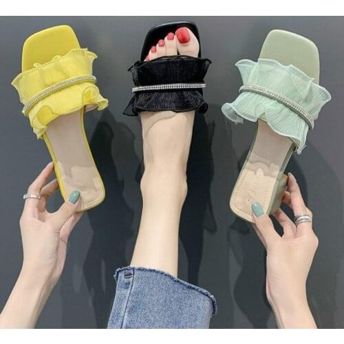 Fashion Slipper Women Suumer New Outside Lace Mesh (Air mesh) Shallow Square Heel Slides Spangled High Quality 5cm High Heels