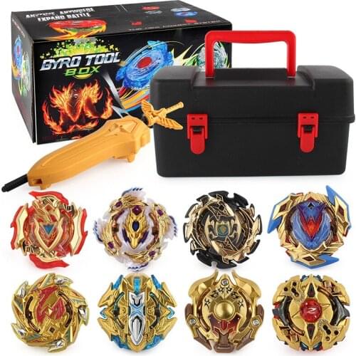 Beybledy Burst Set with 8 Gold Gyroscpoe with Carry Storage Case + Sword Launcher X1 + Two-way Launcher X1+ Handlebar X1