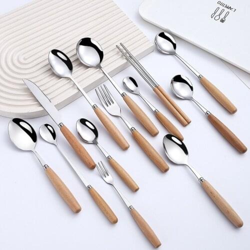 Stainless Steel cutlery Dinnerware Sets Glossy Silver Wooden dessert ice spoon Knife Fork dining table set japanese tableware