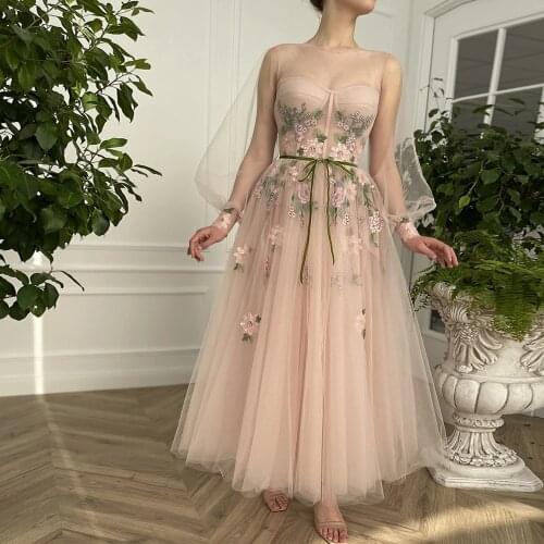 Charming A-Line Party Prom Dress 2021 Lolely Transparent Long Sleeve Flowers Ankle Length Evening Dress Special Occasion Gowns
