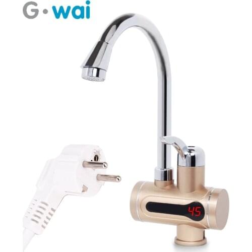 GWAI EU Plug Tankless Instant Faucet Gold Water Heater Instant Water Heater Tap Kitchen Hot Water Heating Crane With LED Lights