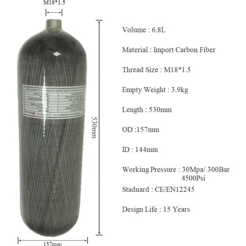 AC168 Hpa Tank Paintball Cylinder Pcp 6.8L Mini Bottle Dive Rifle Compressed Air Ce M18*1.5 High Pressure Cylinder Pcp Air Tank