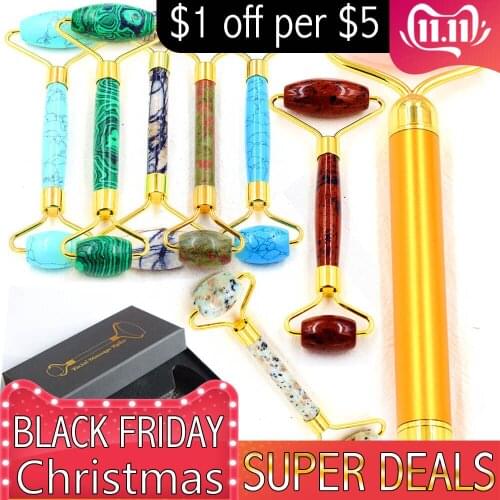 Natural Jade Roller Massage Electric Facial Thin Roll Massager Box For Face Skin Pink Rojo Rosa Gem Stone With Lover Gift Adamei