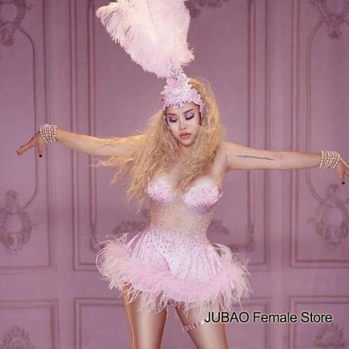 Pink 2 piece set romper backless diamond Feather nude jumpsuit See through bodysuit Nightclub Party DJ Singer Stage Costumes hot