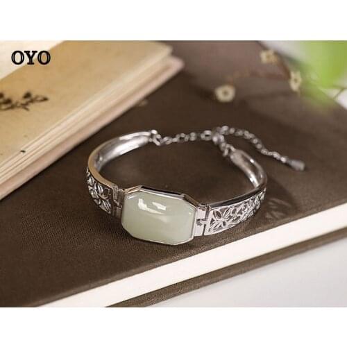 S925 sterling silver inlaid Hetian jade white jade hollow pattern personality temperament ladies bracelet