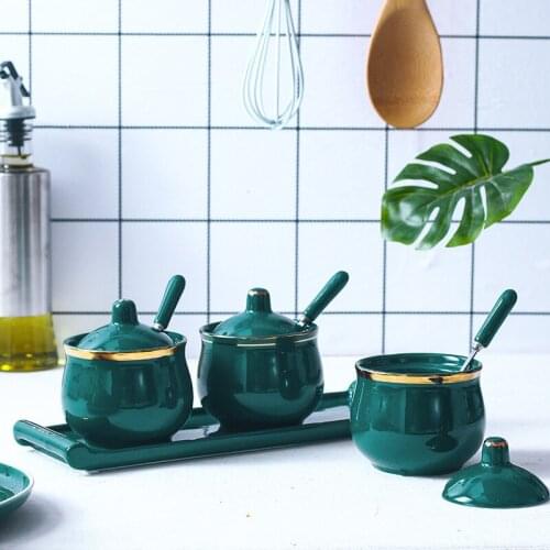 Nordic Ceramic Seasoning Jar Set Peacock Green Household Seasoning Box Kitchen MSG Salt Sugar Sauce Bottle Gift Seasoning Box