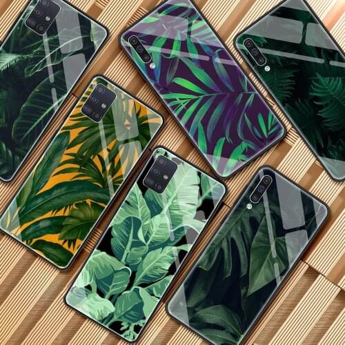 Printing Glass Phone Case For Samsung Galaxy A51 A71 A50 A31 A21s A70 A72 A52 M31 Soft Edge Cover Green Tropical Leaves Palm