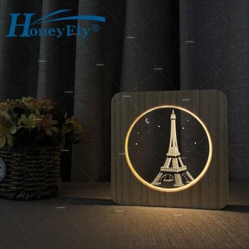 HoneyFly 3D Eiffel Tower LED Night Light USB Wooden Photo Frame Decorative Lamp USB 5V Desk Lamp