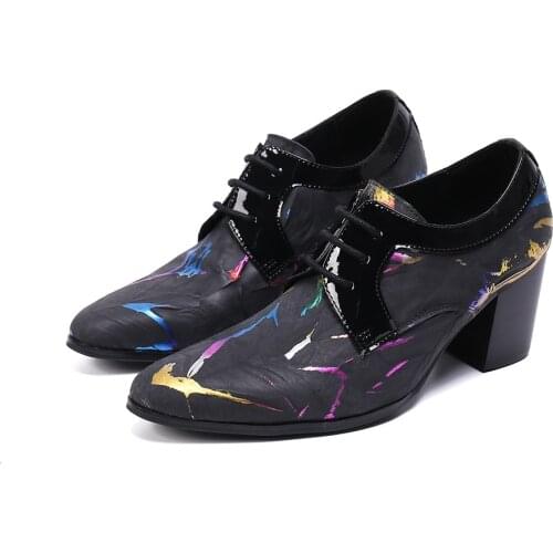 Fashion Big Size Pointed Toe Man Leather Shoes Colorful Print Lace Up Mens Party Oxfords Shoes Wedding Banquet Men High Heels