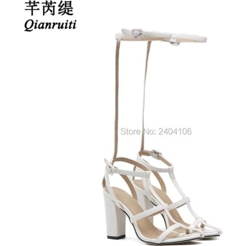Qianruiti Narrow Band Black White Sexy Shoes Women Cut-Outs Mid-Calf Summer Boots Buckle Strap Block Heel Long Gladiator Sandals