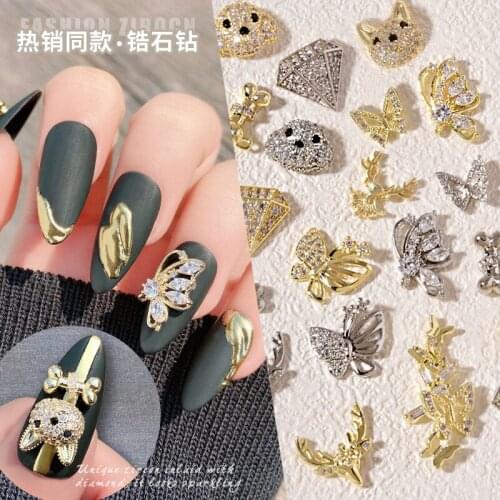 2021 New Arrival Hot Selling Mental Cubic Zircon Nail Decorations Butterfly Deer Head& Dogs & Bones Nail Ornament Fadeless