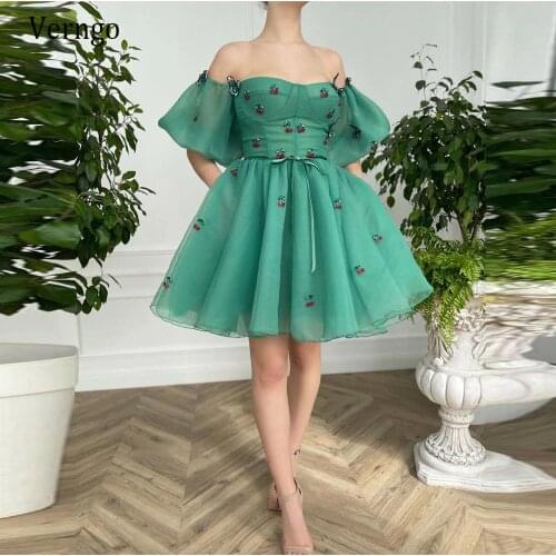 Verngo 2021 Old Green Organza Short Prom Dresses Puff Sleeves Butterfly Sweetheart Above Knee Length Formal Party Gown