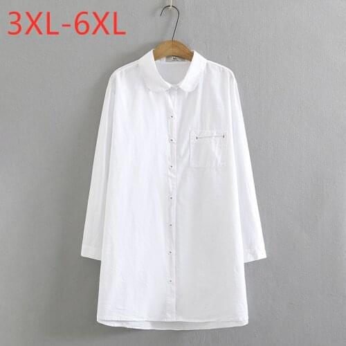 New 2021 Ladies Spring Autumn Plus Size Tops For Women Large Long Sleeve Casual White Cotton Pocket Long Shirt 3XL 4XL 5XL 6XL