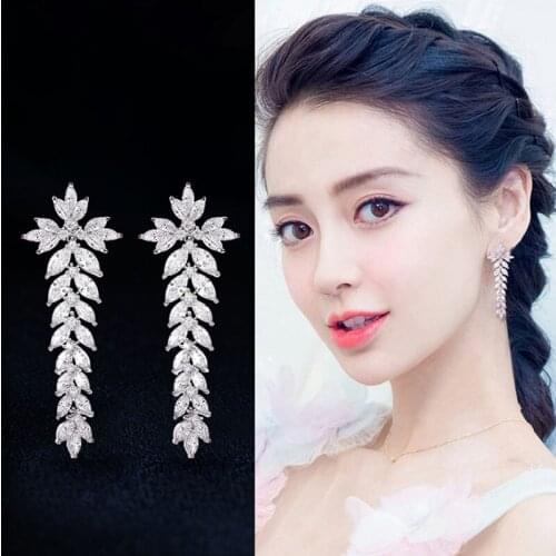 New Long Leaf Drop Earrings Cubic Zirconia Crystal Setting Women Wedding Party Accessories