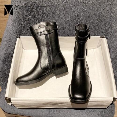 Leather Belt Strap Buckle Boots Woman 2020 Brand Square Toe Mid-Calf Chelsea Booties Girls Street Walk Shoes Zipper Riding Botas