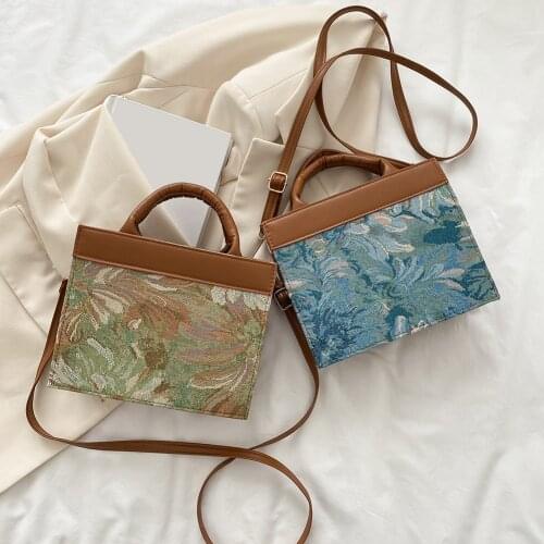 Women Retro Plaid Oil Painting Printing Shoulder Crossbody Bags Casual Ladies Jacquard Canvas PU Leather Small Messenger Handbag