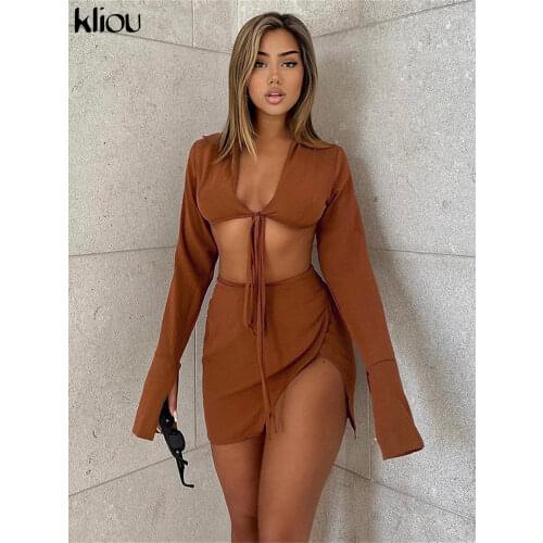 Kliou Side Slit Two Piece Set Women Skirt Elegant Sexy Cleavage Ribbon Lace Up Flare Sleeve V-Neck Hot Female Streetwear Outfit
