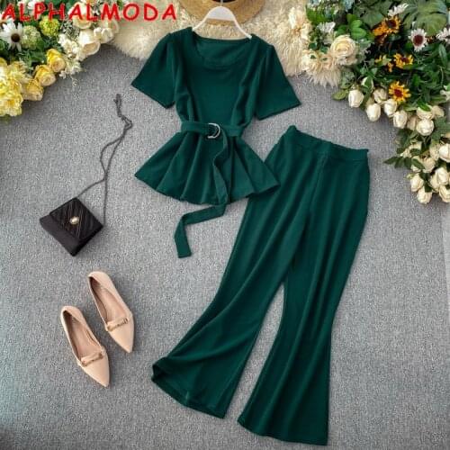ALPHALMODA 2020 Early Autumn Women Short-sleeved Blouse + Pants 2pcs Set Sashes Blouse Shirt Flare Leg Fafshion Clothes Suit
