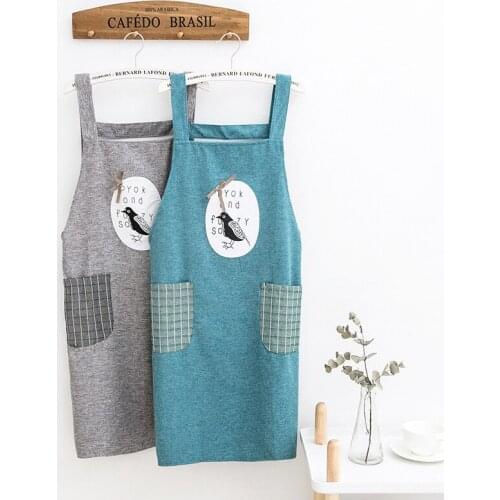 Bird Flower Pattern Women Kitchen Apron Home Cooking Baking Enlarged Pocket Cotton Coffee Pinafore House Cleaning Bib 46440