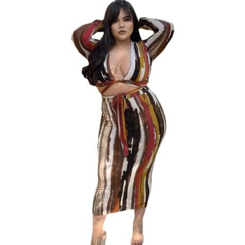Women Dresses Summer 2021 Big Size XL-5XL Holiday Party Women Two Piece Sets Women Outfits Crop Top Sheath Maxi Skirts