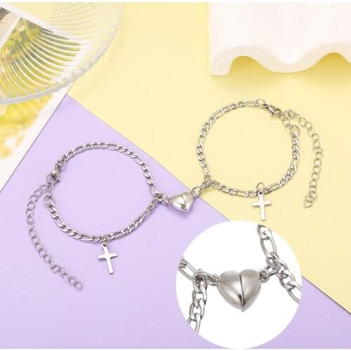 2pcs/set Heart Magnet Attracts Couple Bracelets Stainless Steel Chain Corss Bracelets Jewelry Best Friends Gift for Women Men