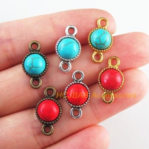 20Pcs Retro Gold Tibetan Silver Bronze Tone Round Blue&Red Stone Charms Connectors 10x18.5mm