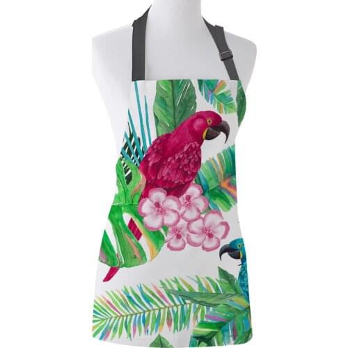 Tropical Plant Palm Leaf Parrot Flower Apron Design Adjustable Canvas Kitchen Cafe Aprons Female Ladies Couples Cooking Dining