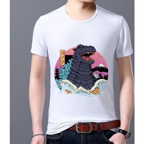 Mens T-shirt Anime Japanese Dinosaur Pattern Series Youth Casual Shirt Commuter Round Neck Short Sleeve Soft Top Mens Clothing